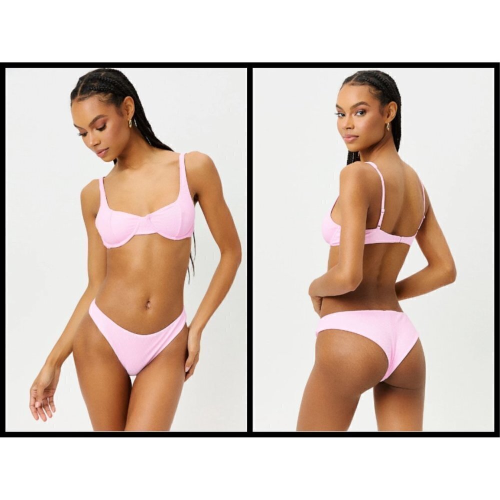 💕FRANKIE'S BIKINIS💕 Anna Ribbed Top (M) + Shea Ribbed Bottom (S) Love Pink NWT - Picture 2 of 11